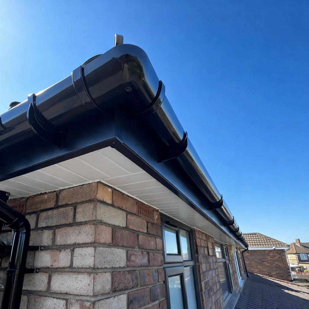 Black guttering and a white fascia and soffit board on the corner of a brick home